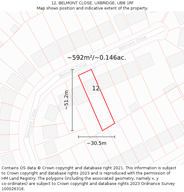 12, BELMONT CLOSE, UXBRIDGE, UB8 1RF: Plot and title map