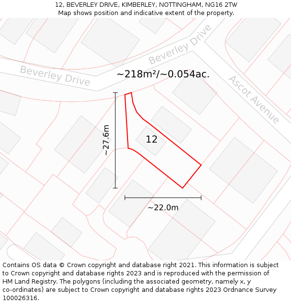 12, BEVERLEY DRIVE, KIMBERLEY, NOTTINGHAM, NG16 2TW: Plot and title map