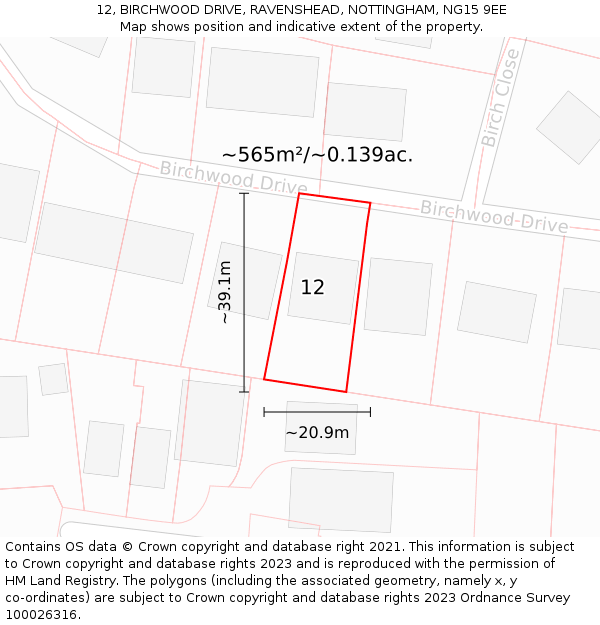 12, BIRCHWOOD DRIVE, RAVENSHEAD, NOTTINGHAM, NG15 9EE: Plot and title map