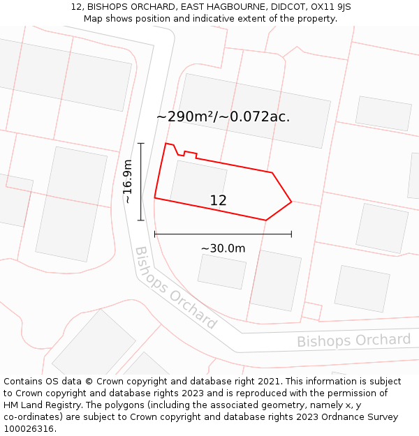 12, BISHOPS ORCHARD, EAST HAGBOURNE, DIDCOT, OX11 9JS: Plot and title map