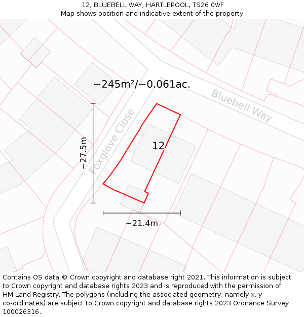 12, BLUEBELL WAY, HARTLEPOOL, TS26 0WF: Plot and title map