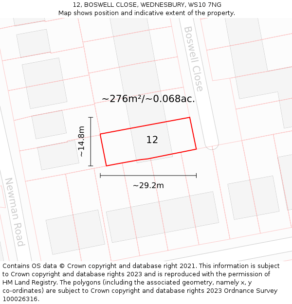 12, BOSWELL CLOSE, WEDNESBURY, WS10 7NG: Plot and title map