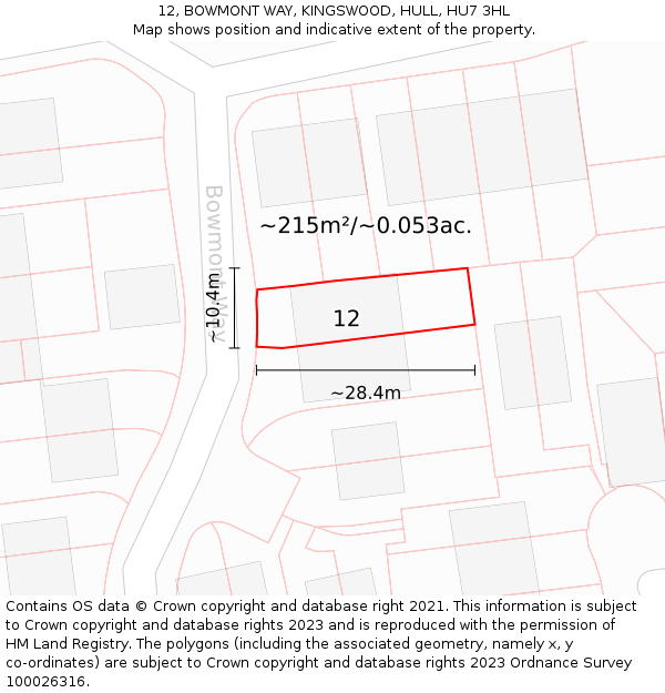 12, BOWMONT WAY, KINGSWOOD, HULL, HU7 3HL: Plot and title map