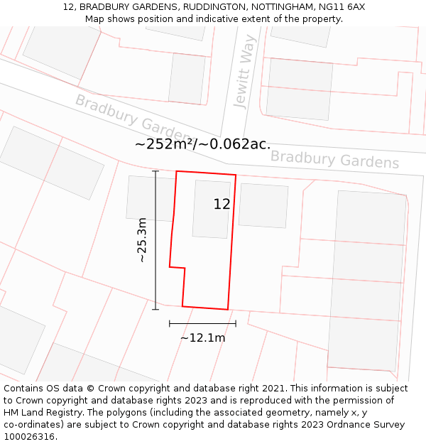 12, BRADBURY GARDENS, RUDDINGTON, NOTTINGHAM, NG11 6AX: Plot and title map