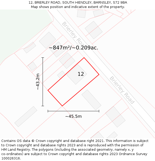 12, BRIERLEY ROAD, SOUTH HIENDLEY, BARNSLEY, S72 9BA: Plot and title map