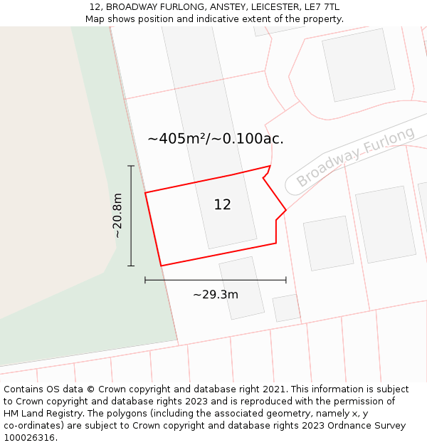 12, BROADWAY FURLONG, ANSTEY, LEICESTER, LE7 7TL: Plot and title map