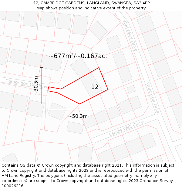 12, CAMBRIDGE GARDENS, LANGLAND, SWANSEA, SA3 4PP: Plot and title map