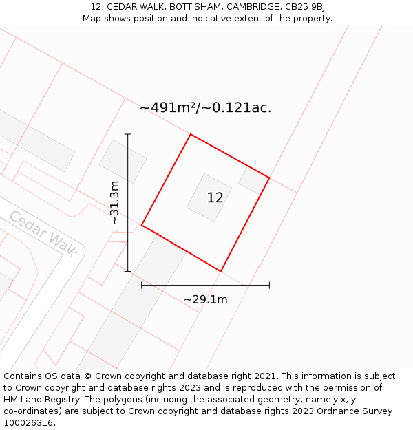 12, CEDAR WALK, BOTTISHAM, CAMBRIDGE, CB25 9BJ: Plot and title map