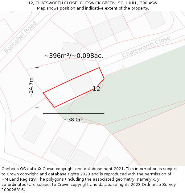 12, CHATSWORTH CLOSE, CHESWICK GREEN, SOLIHULL, B90 4SW: Plot and title map