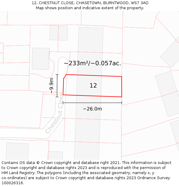 12, CHESTNUT CLOSE, CHASETOWN, BURNTWOOD, WS7 3AD: Plot and title map