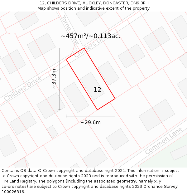 12, CHILDERS DRIVE, AUCKLEY, DONCASTER, DN9 3PH: Plot and title map