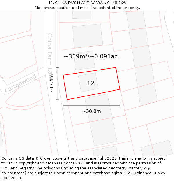 12, CHINA FARM LANE, WIRRAL, CH48 9XW: Plot and title map