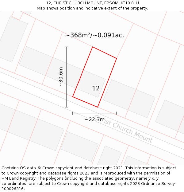 12, CHRIST CHURCH MOUNT, EPSOM, KT19 8LU: Plot and title map