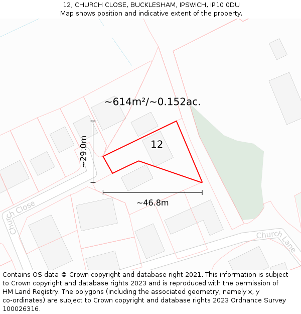 12, CHURCH CLOSE, BUCKLESHAM, IPSWICH, IP10 0DU: Plot and title map