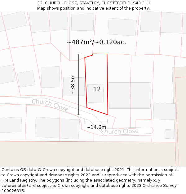 12, CHURCH CLOSE, STAVELEY, CHESTERFIELD, S43 3LU: Plot and title map