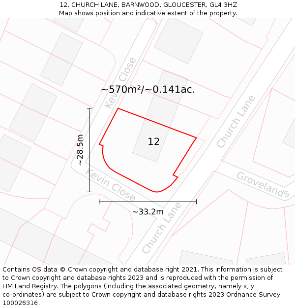 12, CHURCH LANE, BARNWOOD, GLOUCESTER, GL4 3HZ: Plot and title map