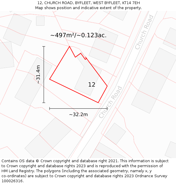 12, CHURCH ROAD, BYFLEET, WEST BYFLEET, KT14 7EH: Plot and title map