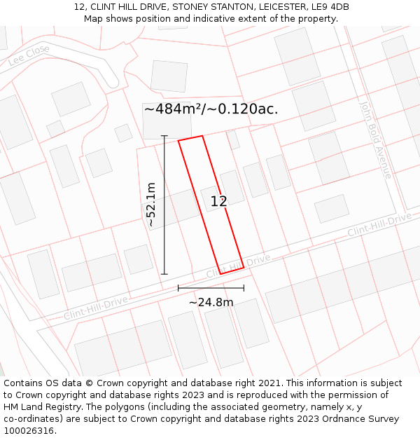 12, CLINT HILL DRIVE, STONEY STANTON, LEICESTER, LE9 4DB: Plot and title map