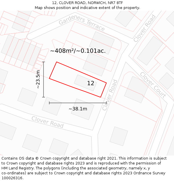 12, CLOVER ROAD, NORWICH, NR7 8TF: Plot and title map