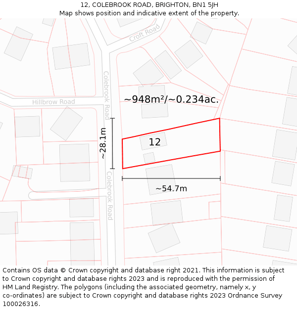 12, COLEBROOK ROAD, BRIGHTON, BN1 5JH: Plot and title map