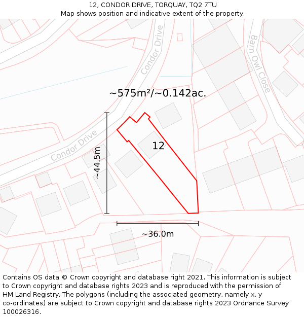 12, CONDOR DRIVE, TORQUAY, TQ2 7TU: Plot and title map