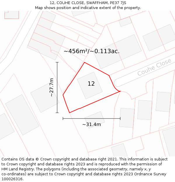 12, COUHE CLOSE, SWAFFHAM, PE37 7JS: Plot and title map