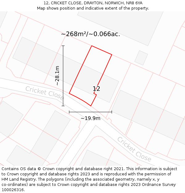 12, CRICKET CLOSE, DRAYTON, NORWICH, NR8 6YA: Plot and title map