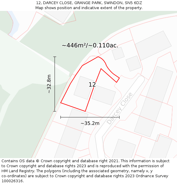 12, DARCEY CLOSE, GRANGE PARK, SWINDON, SN5 6DZ: Plot and title map