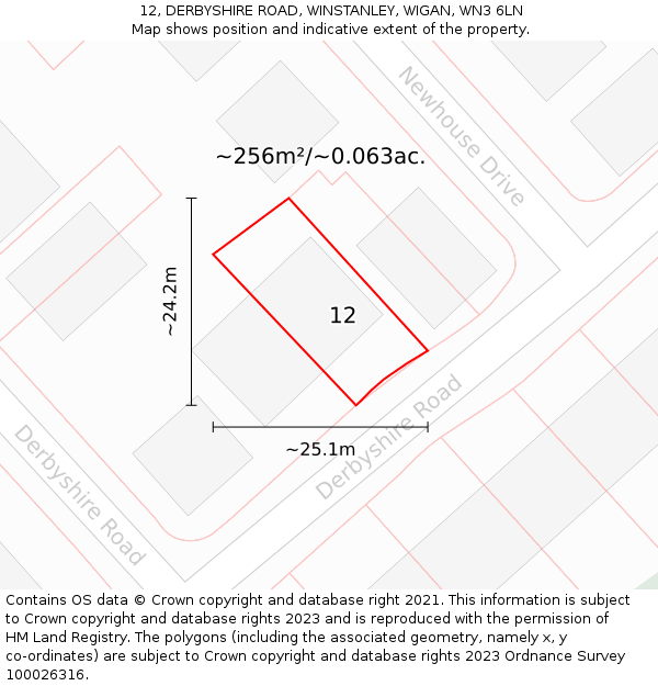 12, DERBYSHIRE ROAD, WINSTANLEY, WIGAN, WN3 6LN: Plot and title map