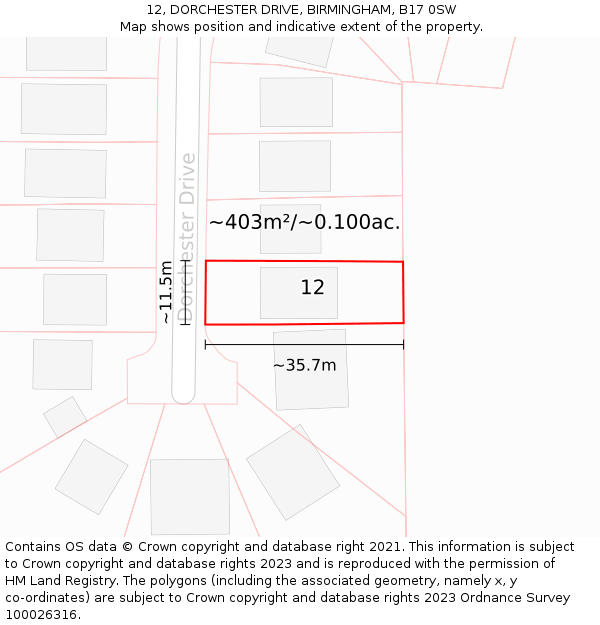 12, DORCHESTER DRIVE, BIRMINGHAM, B17 0SW: Plot and title map