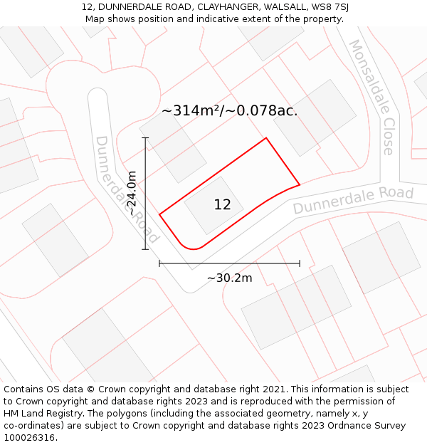 12, DUNNERDALE ROAD, CLAYHANGER, WALSALL, WS8 7SJ: Plot and title map