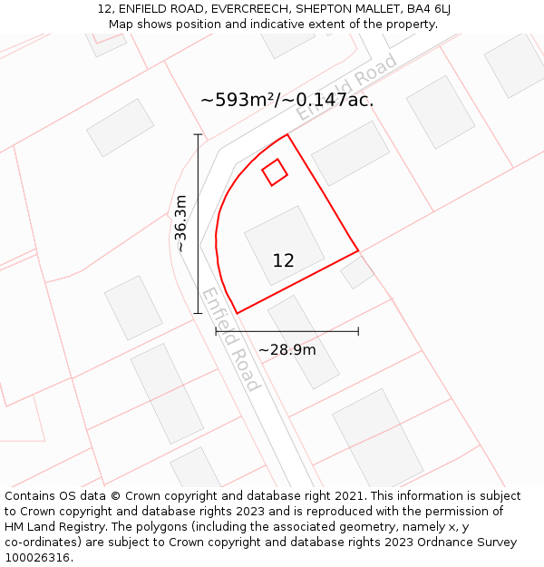 12, ENFIELD ROAD, EVERCREECH, SHEPTON MALLET, BA4 6LJ: Plot and title map