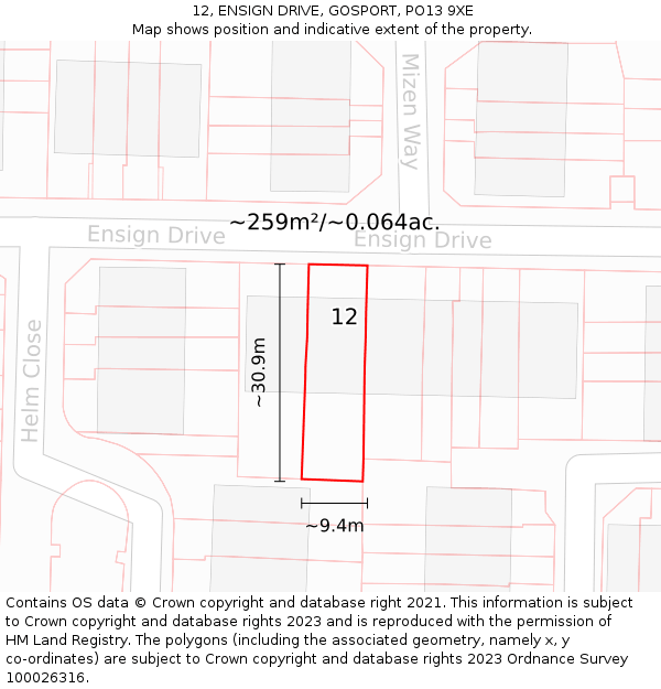 12, ENSIGN DRIVE, GOSPORT, PO13 9XE: Plot and title map