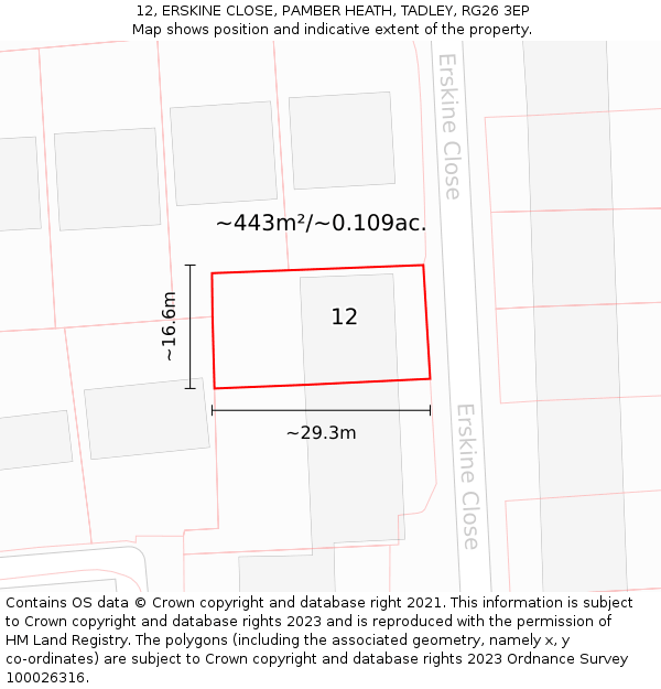 12, ERSKINE CLOSE, PAMBER HEATH, TADLEY, RG26 3EP: Plot and title map