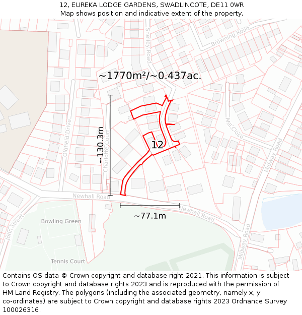 12, EUREKA LODGE GARDENS, SWADLINCOTE, DE11 0WR: Plot and title map