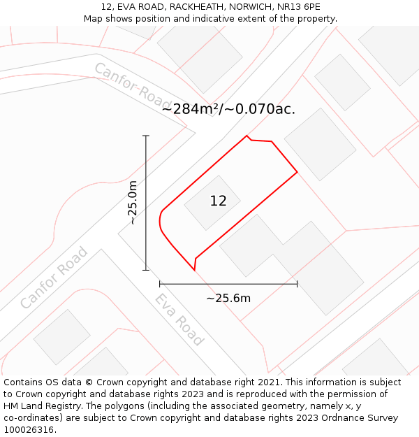 12, EVA ROAD, RACKHEATH, NORWICH, NR13 6PE: Plot and title map