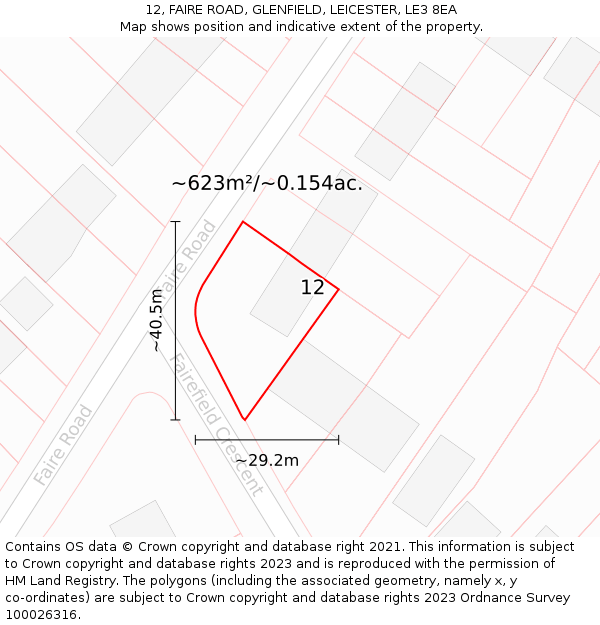 12, FAIRE ROAD, GLENFIELD, LEICESTER, LE3 8EA: Plot and title map