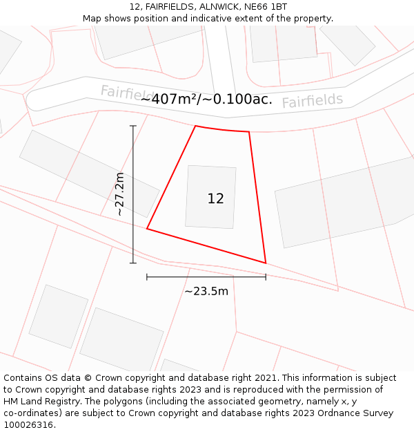 12, FAIRFIELDS, ALNWICK, NE66 1BT: Plot and title map