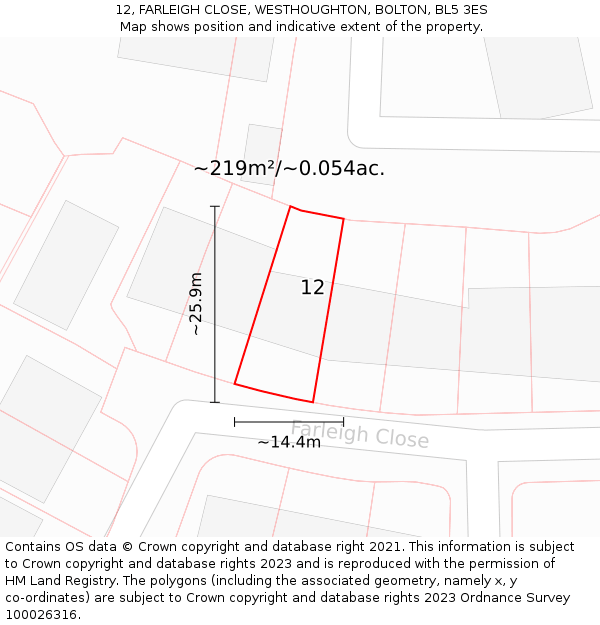 12, FARLEIGH CLOSE, WESTHOUGHTON, BOLTON, BL5 3ES: Plot and title map