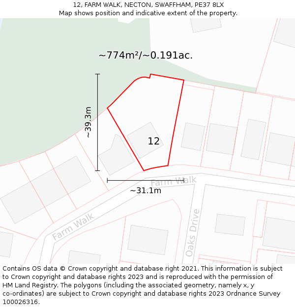 12, FARM WALK, NECTON, SWAFFHAM, PE37 8LX: Plot and title map