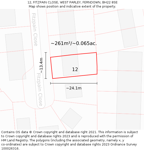 12, FITZPAIN CLOSE, WEST PARLEY, FERNDOWN, BH22 8SE: Plot and title map