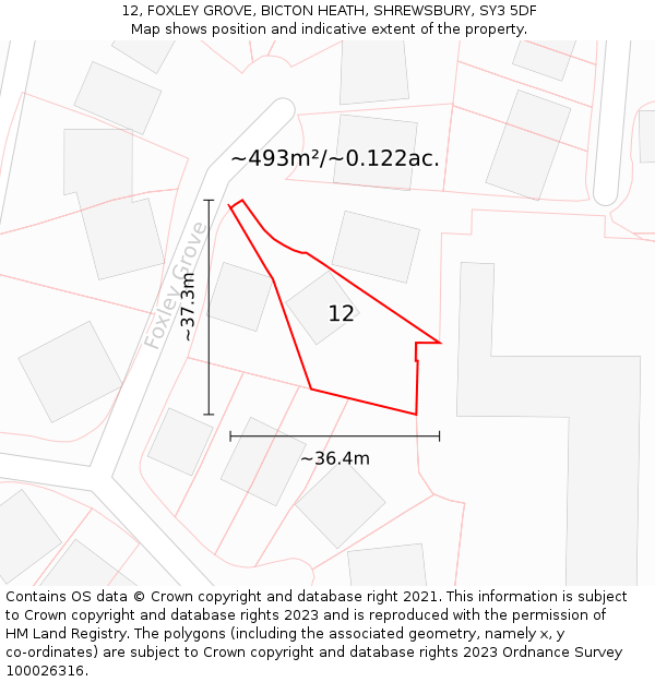 12, FOXLEY GROVE, BICTON HEATH, SHREWSBURY, SY3 5DF: Plot and title map