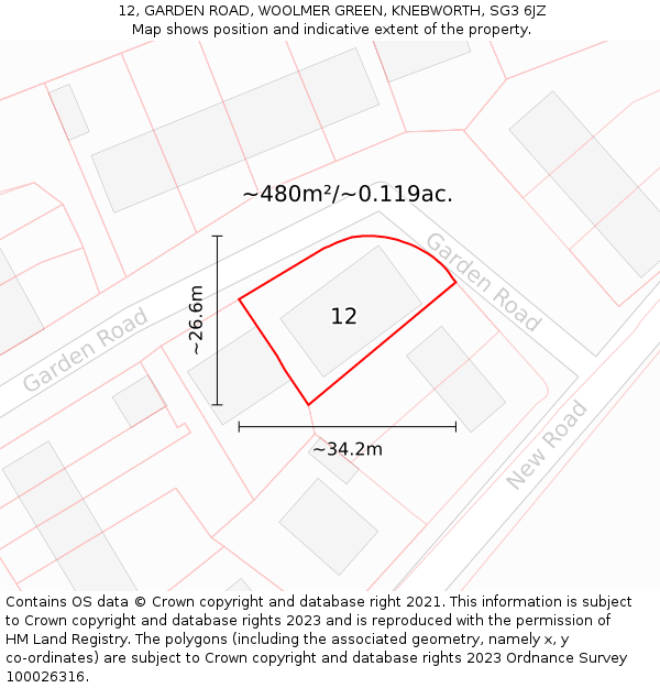 12, GARDEN ROAD, WOOLMER GREEN, KNEBWORTH, SG3 6JZ: Plot and title map