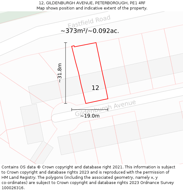 12, GILDENBURGH AVENUE, PETERBOROUGH, PE1 4RF: Plot and title map