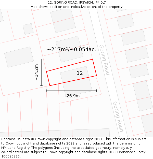 12, GORING ROAD, IPSWICH, IP4 5LT: Plot and title map