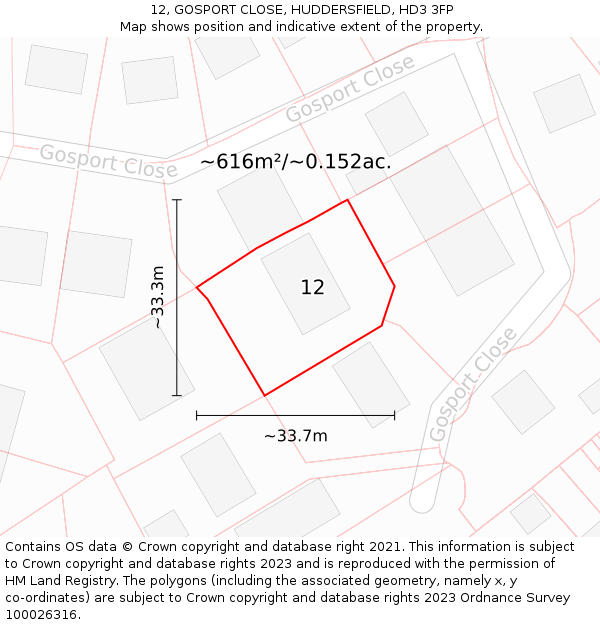 12, GOSPORT CLOSE, HUDDERSFIELD, HD3 3FP: Plot and title map