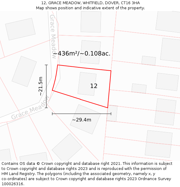 12, GRACE MEADOW, WHITFIELD, DOVER, CT16 3HA: Plot and title map