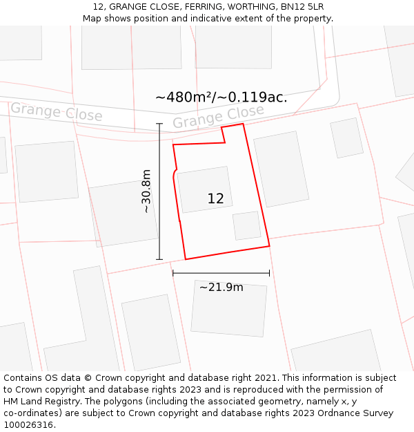 12, GRANGE CLOSE, FERRING, WORTHING, BN12 5LR: Plot and title map