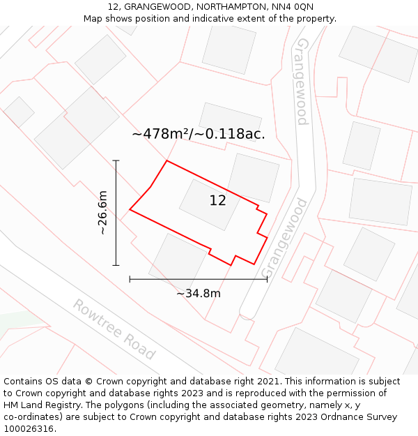 12, GRANGEWOOD, NORTHAMPTON, NN4 0QN: Plot and title map