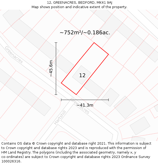 12, GREENACRES, BEDFORD, MK41 9AJ: Plot and title map